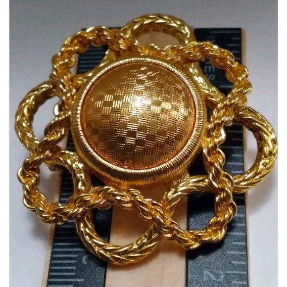 Monet Brooch Vintage Open Textured Goldtone Metal Work Round Dome Center 1980s - Picture 7 of 8